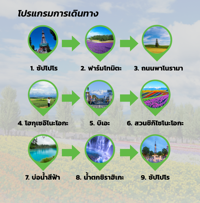 โปรแกรมการเดินทาง 1. ซัปโปโร 2. ฟาร์มโทมิตะ  3. ถนนพาโนรามา 4. โฮกุเซอิโนะโอกะ 5. บิเอะ 6. สวนชิกิไซโนะโอกะ 7. บ่อน้ำสีฟ้า 8. น้ำตกชิราฮิเกะ 9. ซัปโปโร