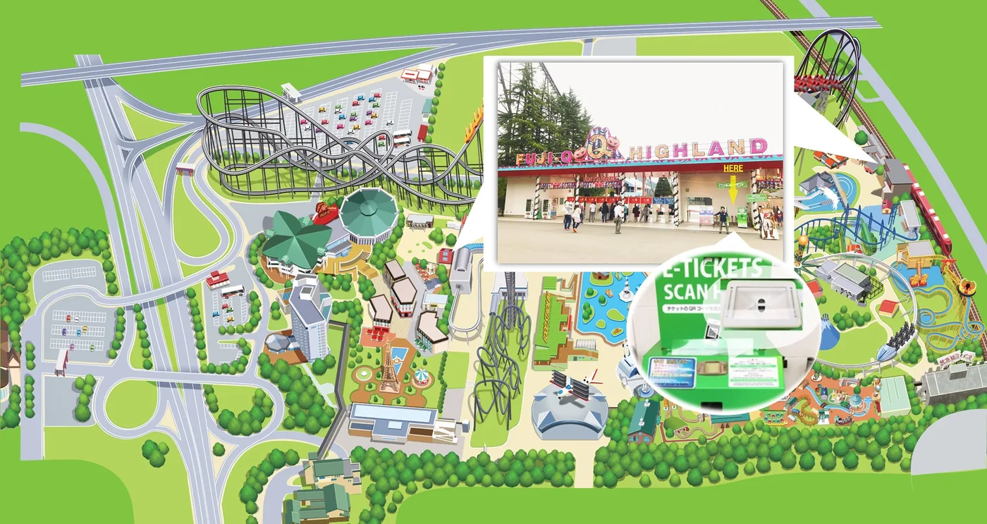 แผนผังสวนสนุก Fuji-Q Highland และตำแหน่งตู้ E-TICKETS Ticket Machine ที่ทางเข้า (ภาพ: 富士急行株式会社)