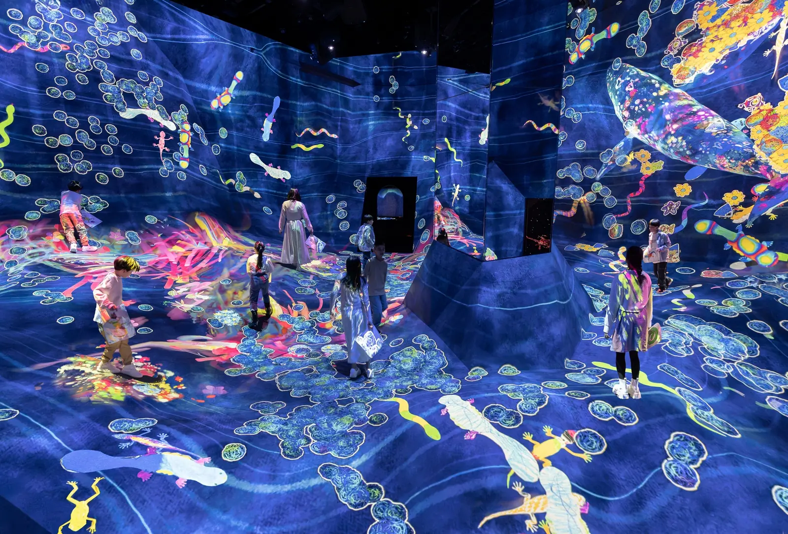 ผู้เข้าชมเดินลุยน้ำในโซนที่มีสิ่งมีชีวิตเรืองแสง teamLab Planets TOKYO (ภาพ: 株式会社PLANETS)